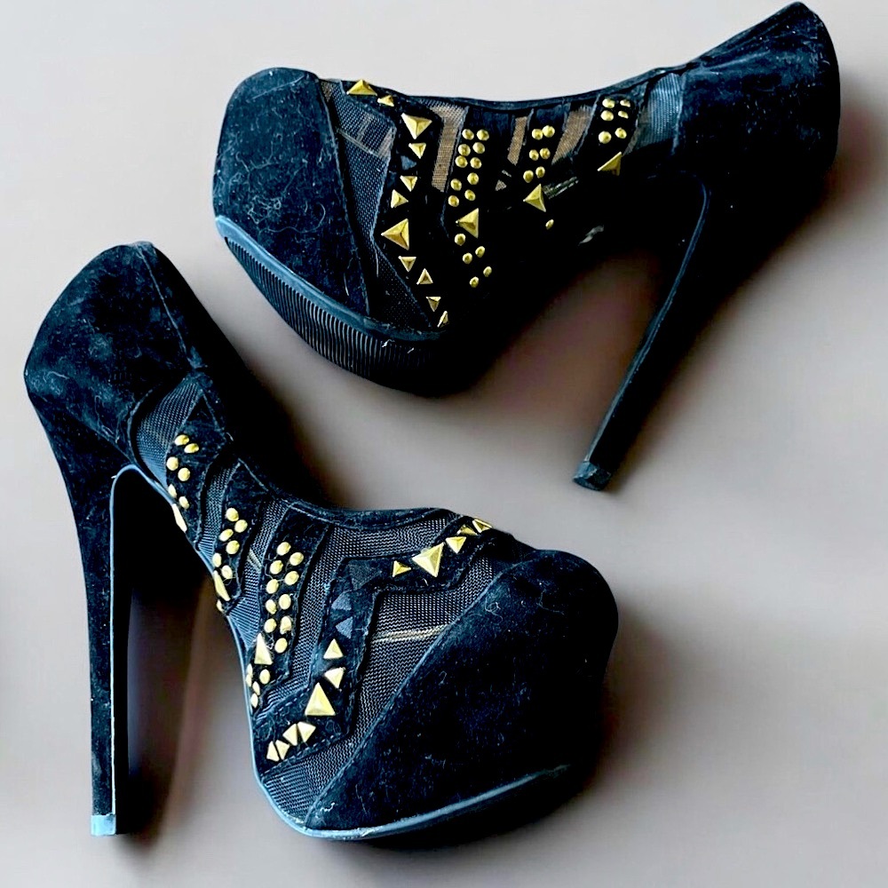 Suede Black and Gold platform Stiletto Heels